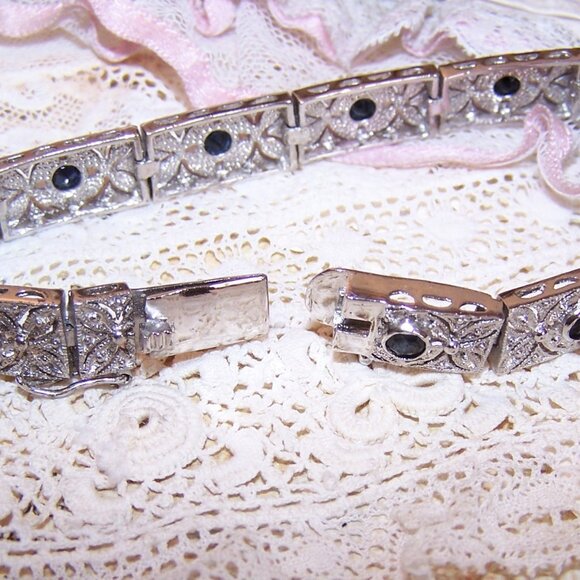 DBJ Dee Berkley Art Deco Revival Sterling Silver Blue Sapphire CZ Link Bracelet - Picture 5 of 9
